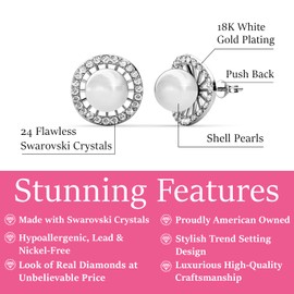 Cate & Chloe Nina Classic Pearl Stud Earrings, 18k White Gold Stud Earrings with Crystals, Women's Gold Plated Pearl Earrings with Crystals