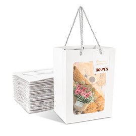30 PCS White Gift Bags with Handles and Clear Window, 7*5*9.8 Inch Medium Size Party Favor Tote Bags, Transparent Bouquet Gift Box for Bridal Party, Wedding, Shower, Present, Festival (30PCS, White)