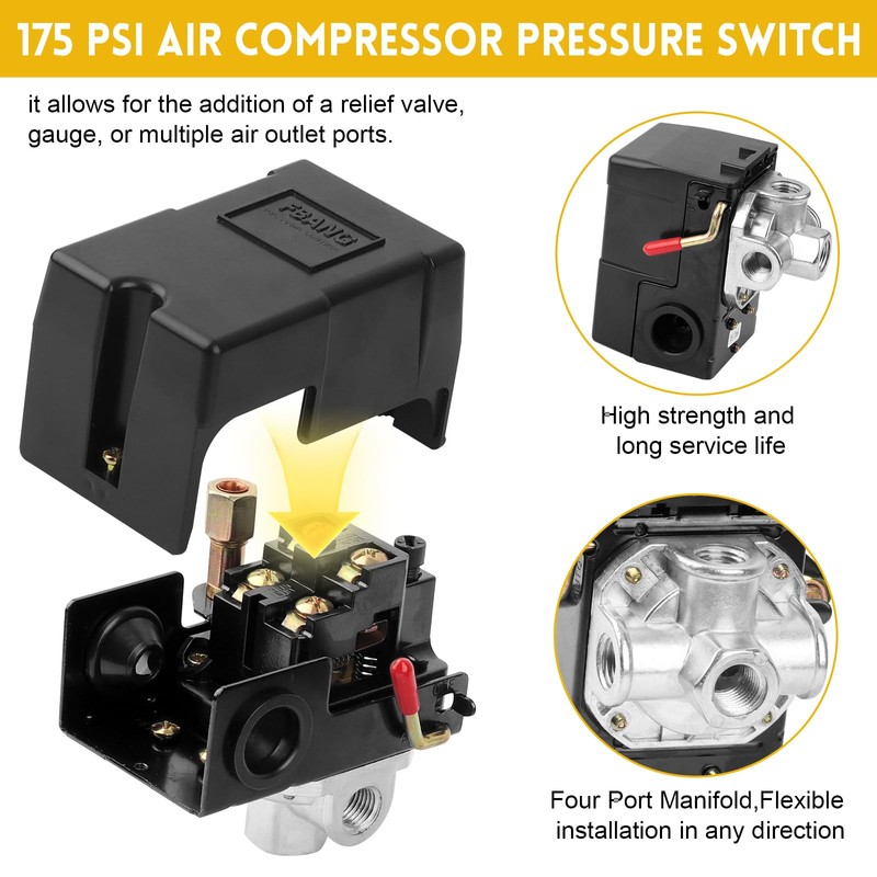 Air-Compressor Pressure Switch 135-175 psi 4 Port 26 Amp 220V,