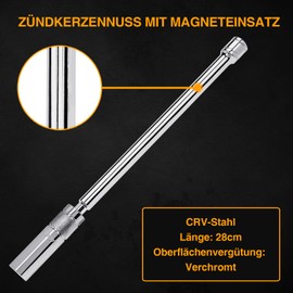 VASTOOLS Spark plug socket with magnetic insert 14 mm, drive 10 mm (3/8 inch), outer diameter: 19 mm, 12-point, 28 cm extension, CR-V steel