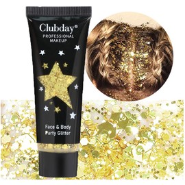 Gl-Turelifes Face Body Glitter Gel Sequins for Eyes, Lips, Hair, Nails, Face and Body with Mermaid Flakes Chunky Glitter Festival Accessories 30 ml (#07 Gold)