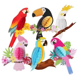 FEPITO 6 Pieces Tropical Birds Honeycomb Paper Parrot, Parrot Honeycomb, Hawaiian Summer Beach Luau Party Decorations