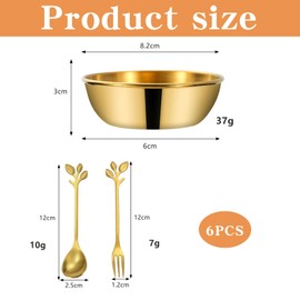 Wjelet 6Pcs Dipping Bowls Set, Small Stainless Steel Sauce Dishes, for Appetizer, Nibbles, Sushi, Condiments, with 1 Spoon &1 Fork, Gold Stainless Steel Dipping Bowls