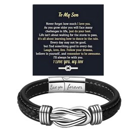 To My Son Infinity Knot Bracelet From Mom, Forever Linked Together Stainless Steel Braided Leather Inspirational Bracelets Engraved Love You Forever Birthday Gift Jewelry (Son Black - 4, 21cm)