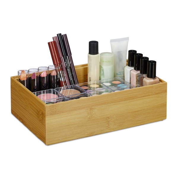 Relaxdays Bamboo Storage Box, Stackable, Natural Look, Kitchen Organiser Bins, Bathroom, HxWxD: 7 x 23 x 15 cm, Natural
