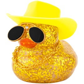 wonuu Car Dashboard Decorations Cowboy Hat Rubber Ducks, Colorful Duck for Car Ornament Accessories with Hat, Glasses, Necklace (Glitter Yellow)