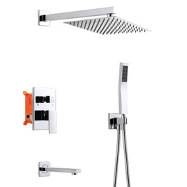 ROVOGO Shower Faucet Set with Tub Spout, Rain Shower and Handheld, 10 inch Bathtub Shower System with Valve and Trim Kit, Made of Stainless and Brass, Square, Chrome