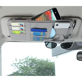 Logctee Car Sun Visor Organizer, Multifunctional Leather Sun Visor Organizer Sunglass Holder with Zipper for Car Interior Truck Accessories Men Women (Gray)