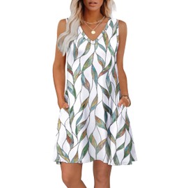 WIHOLL Summer Dresses for Women 2025 Loose V Neck Sleeveless Dress Sundresses with Pockets Floral Multi Leaf S