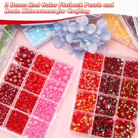 2 Boxes Red Flatback Pearls and Resin Rhinestones for Crafting, 3-6 mm Jelly Rhinestones, Mixed Size Half Pearl Bedazzling Gems for Nail DIY Crafts Mugs Bottles Tumblers Clothes Makeup