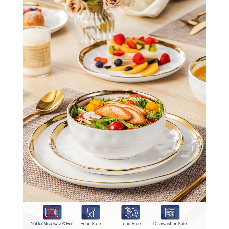 LOVECASA 12 Pieces Plates and Bowls Sets, Porcelain White and