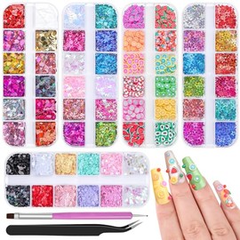 Kit de lentejuelas holográficas de 5 cajas de 60 colores para arte de uñas, rebanadas de fruta, brillo iridiscente, hueco, estrella 3D, mariposa, cora