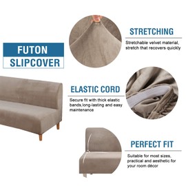 H.VERSAILTEX Real Velvet Futon Cover Armless Sofa Covers Sofa Bed Covers Stretch Futon Couch Cover Sofa Slipcover Furniture Protector Thick Soft Velvet Fabric Form Fitted Stay in Place, Taupe