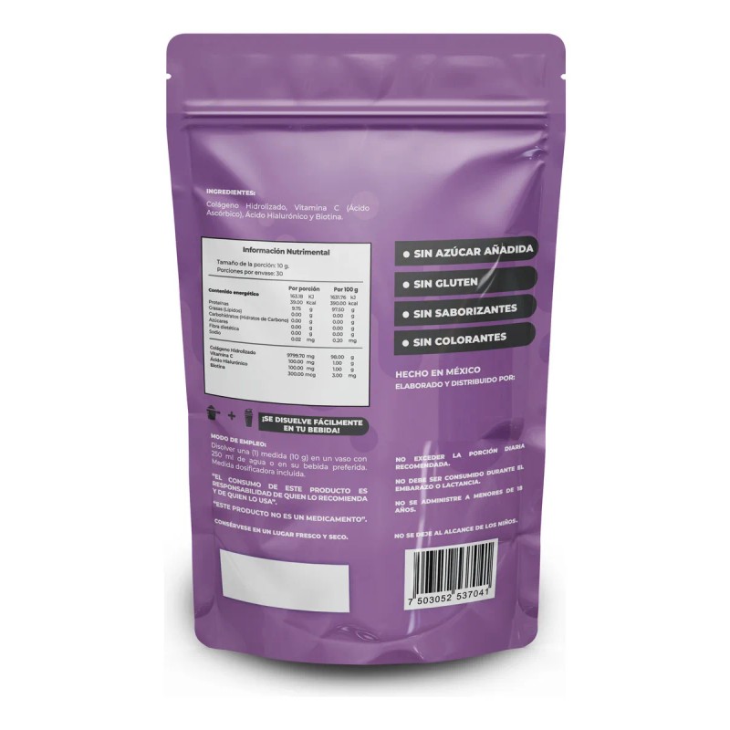 Péptidos De Colágeno Hidrolizado, Biotina, Ácido Hialurónico 300g Sin Sabor
