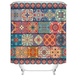Moroccan Pattern Seamless Patchwork Shower Curtain, Bohemian Colorful Floral Mediterranean Design Shower Curtain for Bathroom Decorations