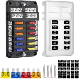 aikoolwer 12 Volt Fuse Block Waterproof Boat Fuse Panel LED Warning Indicator Damp-Proof Cover 12 Circuits Negative Bus Fuse Box Holder for Car Marine RV Truck DC 12-24V