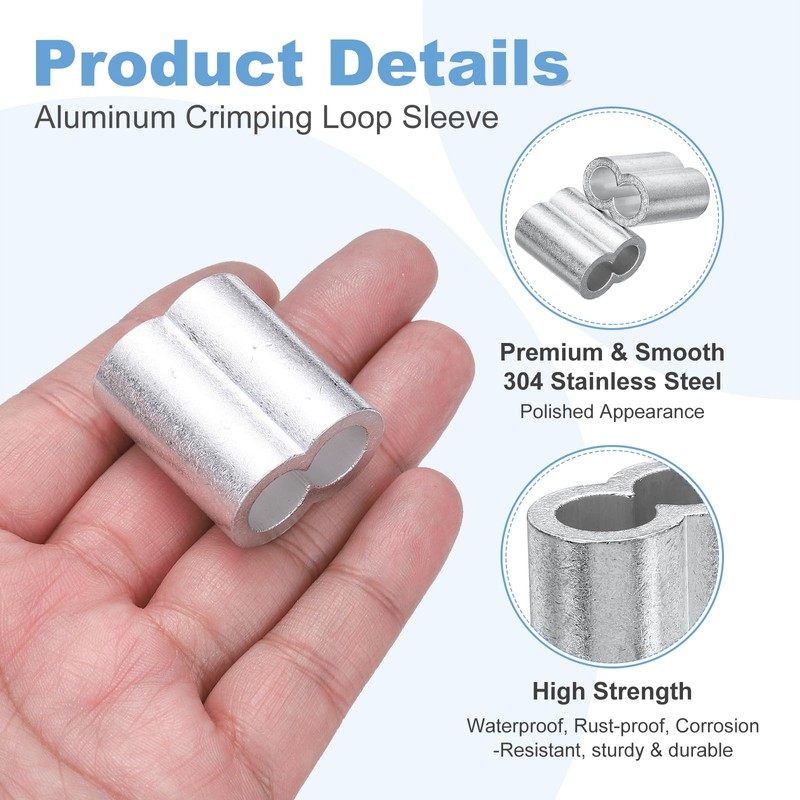 uxcell 3/8"(10mm) Aluminum Crimping Loop Sleeve, Double Hole Cable Ferrule