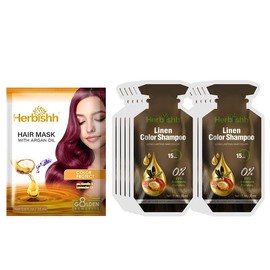 Herbishh Hair Color Shampoo 10 Sachet +1 Argan Hair Mask Pouch | 3 in 1 Hair Dye | PPD Free | Easy to Use | Gray Coverage | Travel Size | Available in 6 Colors | Long Lasting Hair Color (Linen)