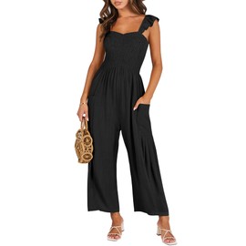 ANRABESS Women Summer Casual Dressy Sleeveless Smocked Wide Leg Linen Jumpsuits Rompers 2024 Trendy Travel Outfit Pocket Black Medium