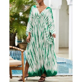 Bsubseach Women's Ethnic Print Kaftan Beach Dress Plus Size Beach Dress, Green Tie-dye