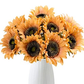 Hawesome - Ramo de girasoles de seda sintética, 7 piezas, diseño de girasoles de seda sintética, tacto real, tallos largos para bodas, fiestas, centros de mesa, decoración del hogar (amarillo otoño)