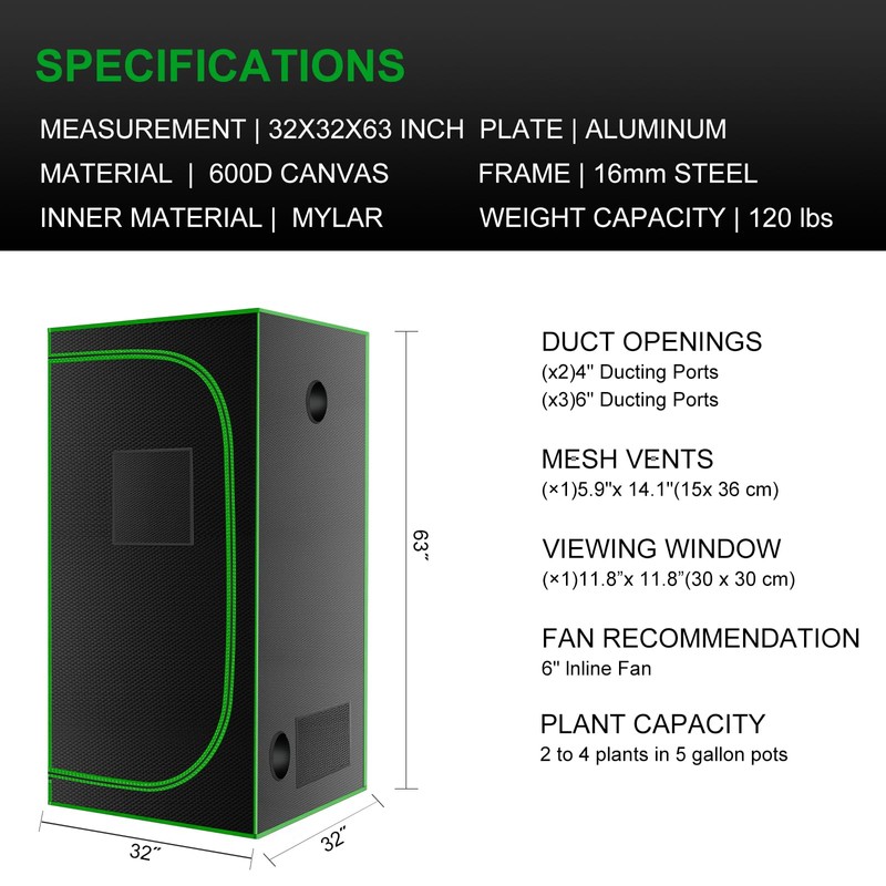 MELONFARM 32"x32"x63'' Grow Tent, High Reflective 600D Diamond Mylar Canvas