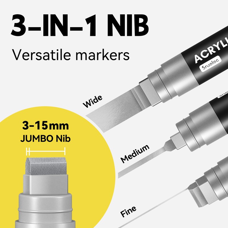 SRUOLOC 3 Jumbo Permanent Markers Silver, 15mm Thick Wide Tip,