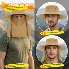 Sombrero de Pesca Protección UV, UPF50+ Sombrero para el Sol para Cubierta Facial Extraíble y Solapa para Cuello, Sombreros de Sol de ala Ancha Plegable y Impermeable, para Senderismo, Jardín Unisex
