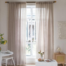 RoomTalks Boho Farmhouse Curtains for Bedroom Living Room 96 Inch Length 2 Panels in Tan French Cabin Rustic Country Cute Cotton Polyester Window Curtain Panels Bohemian Chic Tassel Draperies