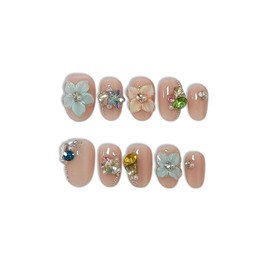 TENPAL Handmade Press On Nails Short Oval,Nude Pink 3D Floral Embossed Glue on Nails, Glossy Frosted Lace Iridescent Glow False Nails with Tools 10pcs,Reusable Sweet Fake Nails for Summer Wedding(XS)