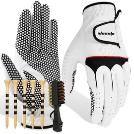 wosofe Men’s Golf Glove Left Hand Non-Slip Palm Pu Premium Leather Soft Durable Comfortable All Weather with Five Tees and Brush(Small)