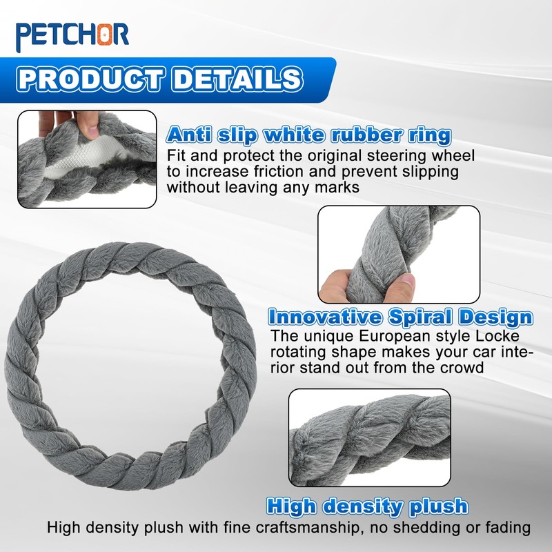PETCHOR Twisted Fur Grey Soft Steering Wheel Cover, Fluffy Car