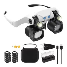 Jewelers Magnifying Glass Headset with LED Light & 5 Interchangeable Lens Pairs (2X 4X 6X 10X 13X) for Close Work, Glasses Headband Included