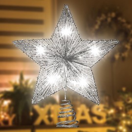 LAMPHOME14 10 LED Lighted Silver Glitter Thread Christmas Star Tree Topper, Lighted Star Christmas Tree Topper, Cool White