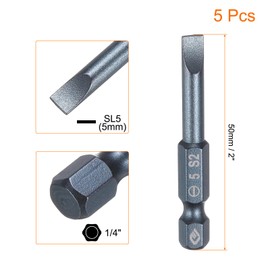 HARFINGTON 5pcs SL5 Magnetic Slotted Screwdriver Bits 5mm S2 Steel Flat Head Screwdriver Bit 1/4" Hex Shank Screw Driver Drill Bits 50mm (2") Long for Screws