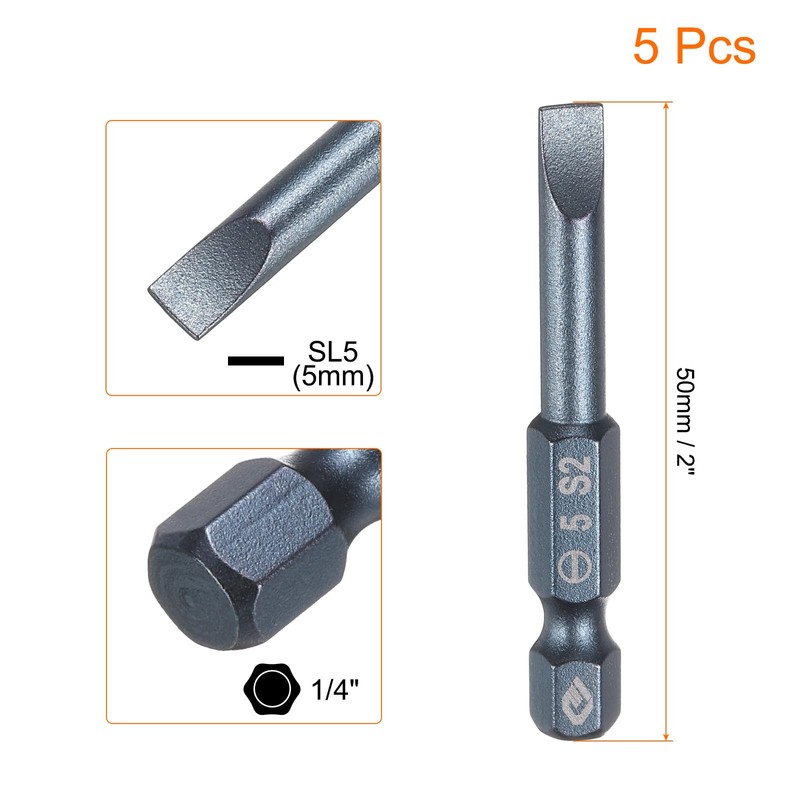 HARFINGTON 5pcs SL5 Magnetic Slotted Screwdriver Bits 5mm S2 Steel