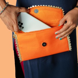 Handmade Purse Wallet Set of 2 Batawa Clutch Hand Stitched Traditional Ethnic Golden Lace Wedding Envelope for Women for Party Wedding Special Occasion and Gifting (Yellow & Orange set of 2)