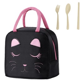 MEMOFYND 1-Piece Lunch Bag with Cat Face and 3-Piece Cutlery Set, Waterproof Cartoon Style Lunch Bag, Cute Lunch Bag, Portable Lunch Bag, Reusable, Black