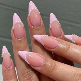 French Press on Nails Medium Fake Nails Almond RIICFDD False Nails Pearl Nail Charms Artificial Glossy Acrylic Nails Full Cover Nude Pink Stick on Nails for Women and Girls Nail Decoration 24 Pcs