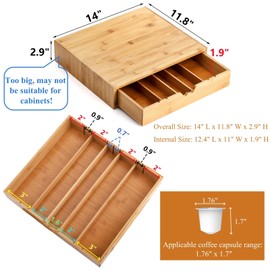 Peohud Bamboo Coffee Pod Drawer, Espresso Coffee Capsule Holder with 5 Adjustable Compartment, Tea Bag Storage Organizer for Kitchen Counter Office