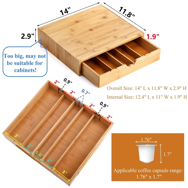 Peohud Bamboo Coffee Pod Drawer, Espresso Coffee Capsule Holder with