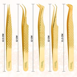 ZAMAHA UK Lash Eyelash Extension Tweezers Set of 5, Japanese Stainless Steel Tools Straight Curved 45 90 Degree Angled Tip, Volume Tweezers Precision (Gold Platted), ZUK-LASH-5P-GOLD
