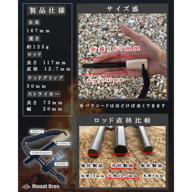 MountBros Fire Starter (Recommended by Camp Professionals) Ferrocerium, Hexagonal, Extra