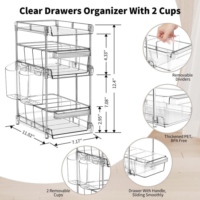 Clear Bathroom Organizers 2 Sets 3 Tier, Pull Out Organizer