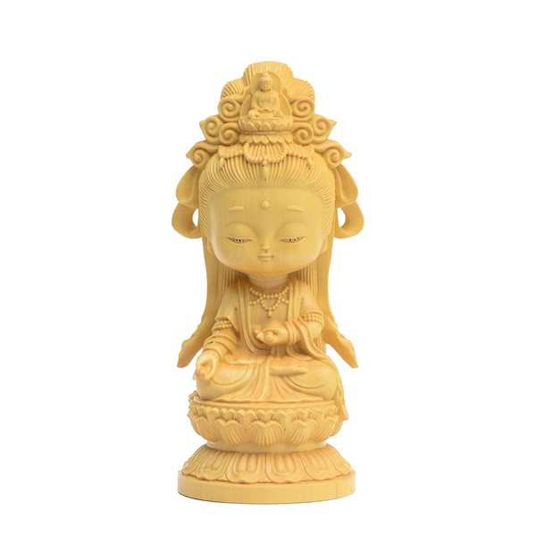 Traditional Sculpture Buddha Statue Mini Cute Kwanyin Bodhisattva Kwan Yin Bodhisattva Tsugi Plant Wood Sculpture Figurine Protection Protection Prosperity Benefit (H 4.5 x W 2.0 x D 1.9 inches (11.5 x 5.2 x 4.8 cm)