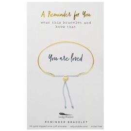 Lucky Feather Reminder 14k Gold Dipped Adjustable Wire Cuff Mantra Bracelet (You are Loved) with Gold Tone Heart Charm.