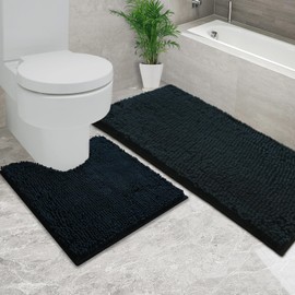 AINAHYVA Bathroom Rugs Sets 2 Piece, Super Absorbent Bath Mat, Strong PVC Non Slip Backing, Bath mats for Bathroom, Plush Shaggy, Thick, Machine Washable, Bathtub, Toilet.(47"x16"+20"x20"U, Black)