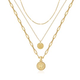 TRWWELL Gold Layered Necklaces 3pcs Dainty Multilayer H Initial Disc Coin Pendant Layering Choker Necklace Long 3 Layered Letter Necklace Set for Women