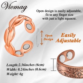Vicmag 2PCS Copper Rings for Women Ultra Strength Magnetic 99.99% Solid Pure Copper Adjustable with Gift Box (2 pcs Copper Leaf & Flower)