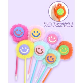 7 PCS Fluffy Smiley Face Pens, Novelty Pom Pom, Colorful Ballpoint Pens Set for Women Girls Kids, Cute Puffy Ball Pens, Stress Relief Writing Tools Journaling Supplies for Students & Office